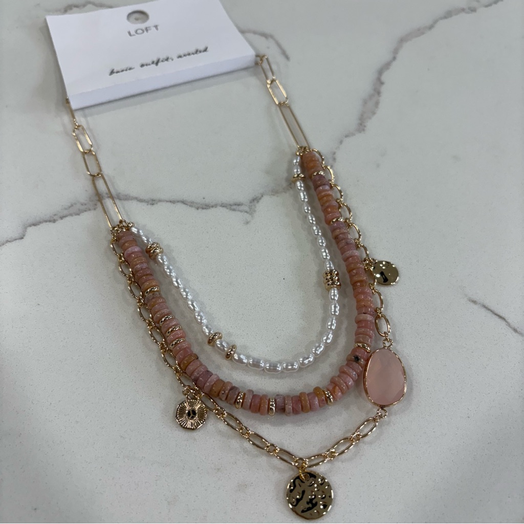 Loft Pink Pearl Gold Layered Pendant Necklace With Delicate Chains 22$